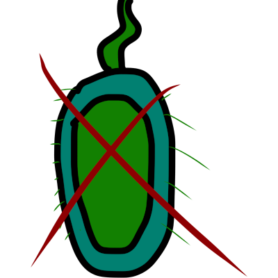 a green and teal bacterium with a wiggly flagella and little hairlike projections, crossed out by a red x